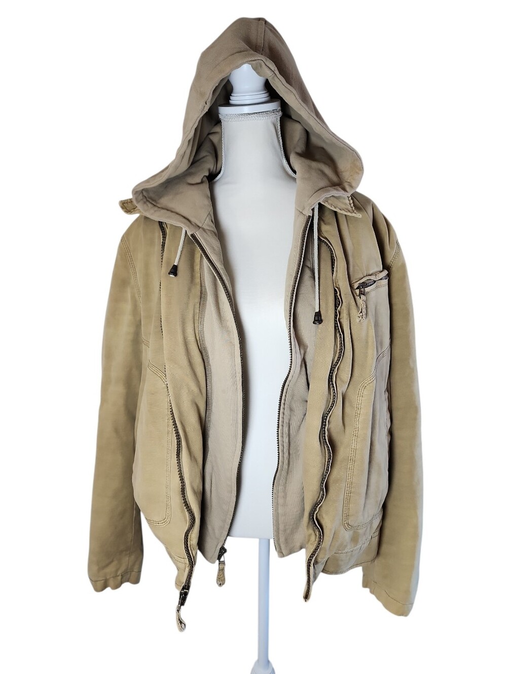 BKE Mens Tan Full Zip Removable Hood Bomber Jacket Regular Fit‎ Size Large